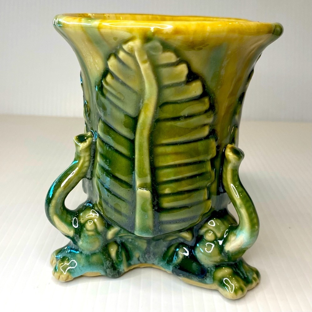 Vintage Lucky Elephant Three Sides Planter Trunk Up Majolica Pottery